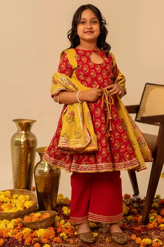 Crimson red printed cotton anarkali set