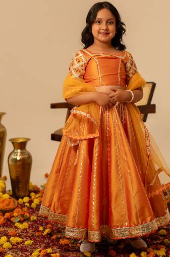Deep orange embroidered taffeta lehenga set