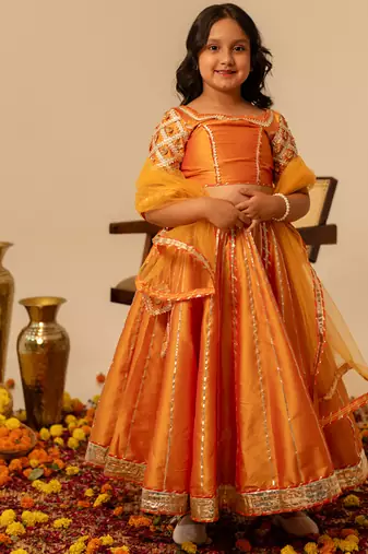 Deep orange embroidered taffeta lehenga set