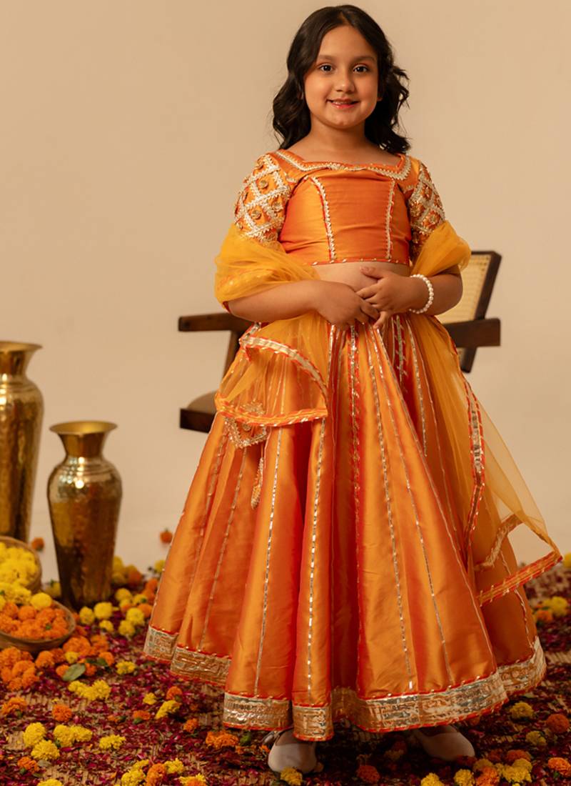 Deep orange embroidered taffeta lehenga set