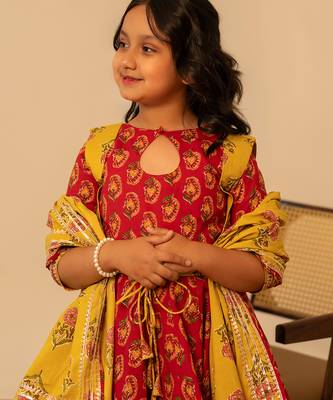 Crimson red printed cotton anarkali set 4