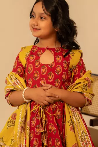 Crimson red printed cotton anarkali set