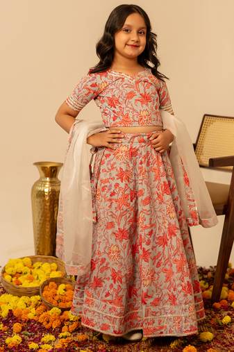 Grey coral printed cotton lehenga set