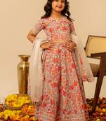 Grey coral printed cotton lehenga set