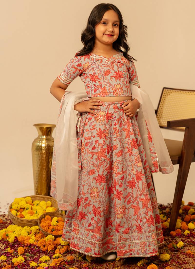 Grey coral printed cotton lehenga set
