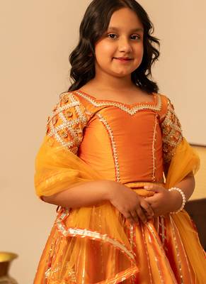 Deep orange embroidered taffeta lehenga set 2