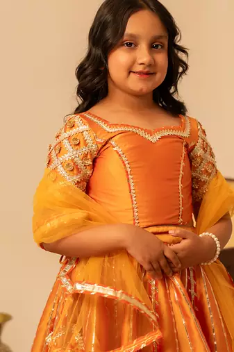 Deep orange embroidered taffeta lehenga set