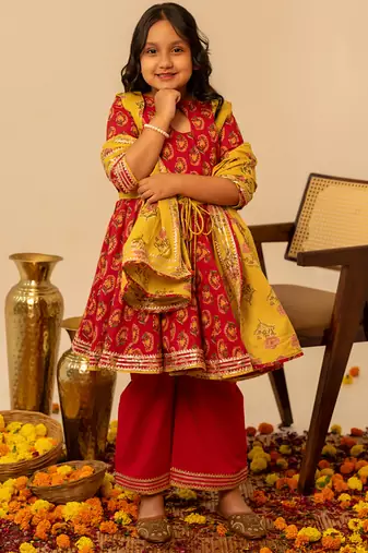Crimson red printed cotton anarkali set