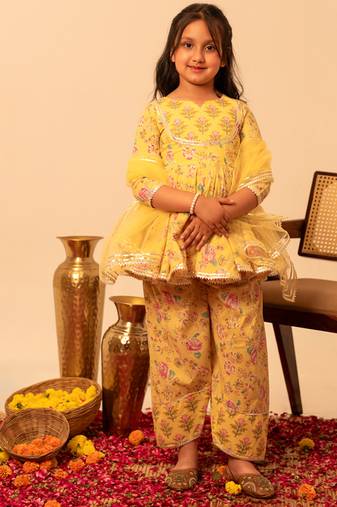Lemon yellow floral printed cotton anarkali set