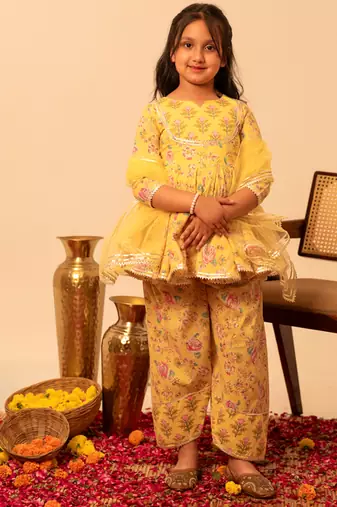 Lemon yellow floral printed cotton anarkali set