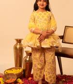 Lemon yellow floral printed cotton anarkali set