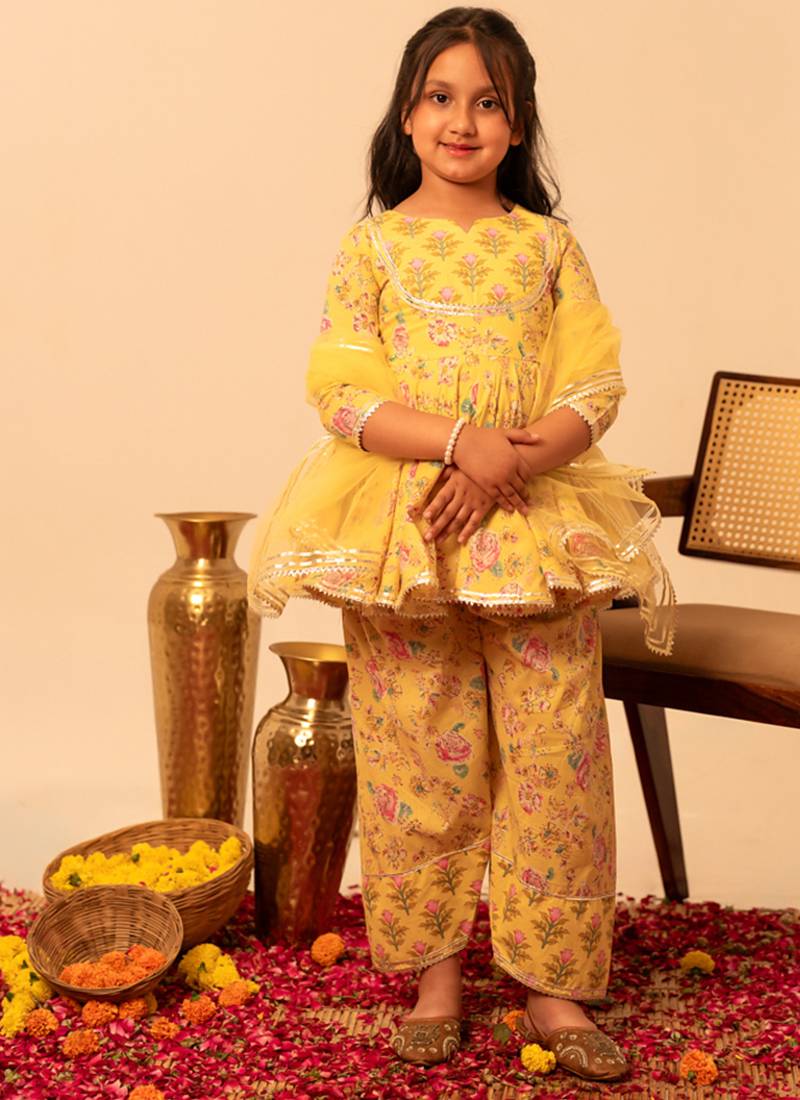 Lemon yellow floral printed cotton anarkali set