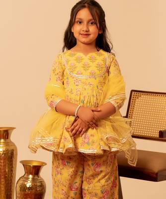 Lemon yellow floral printed cotton anarkali set 2