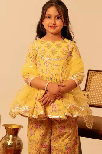 Lemon yellow floral printed cotton anarkali set