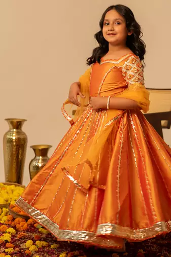 Deep orange embroidered taffeta lehenga set