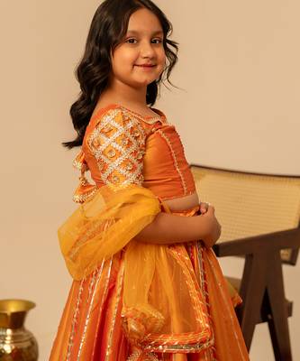 Deep orange embroidered taffeta lehenga set 4