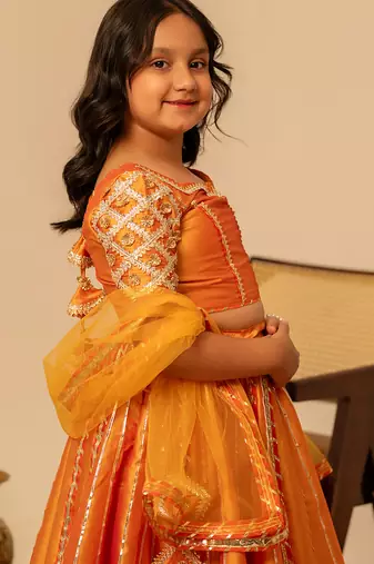 Deep orange embroidered taffeta lehenga set