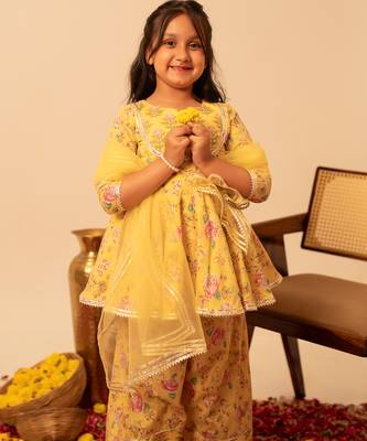 Lemon yellow floral printed cotton anarkali set 3
