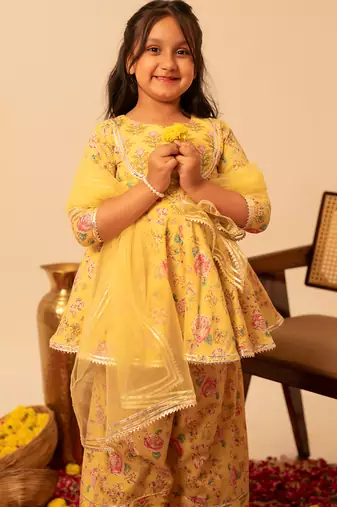 Lemon yellow floral printed cotton anarkali set
