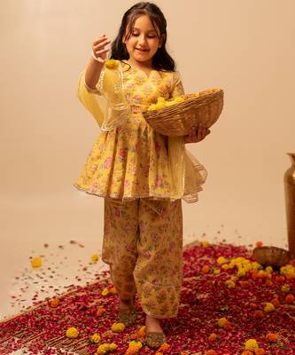 Lemon yellow floral printed cotton anarkali set 4