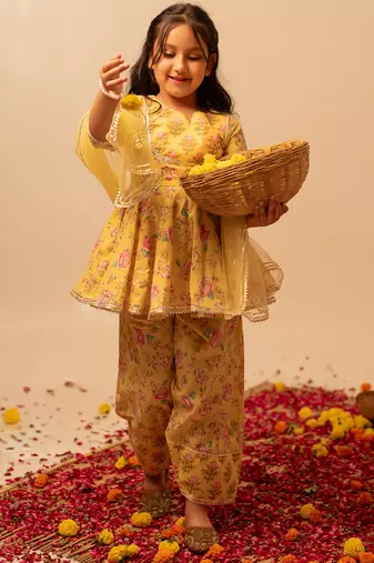 Lemon yellow floral printed cotton anarkali set