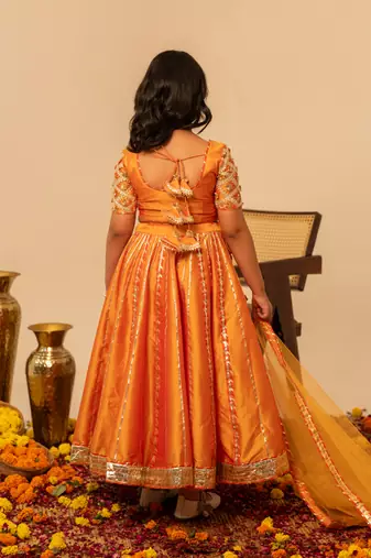 Deep orange embroidered taffeta lehenga set