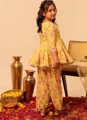 Lemon yellow floral printed cotton anarkali set 5