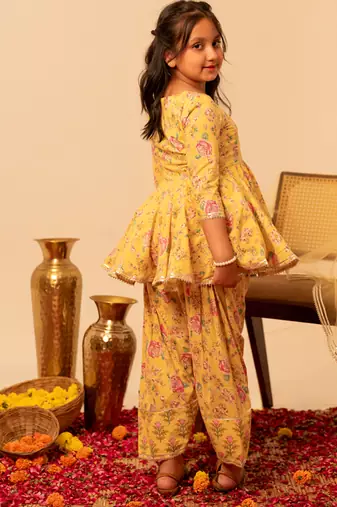 Lemon yellow floral printed cotton anarkali set