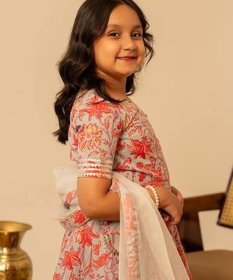 Grey coral printed cotton lehenga set 2