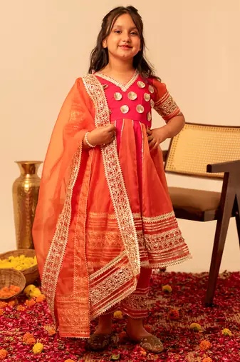 Rani pink embroidered organza anarkali set