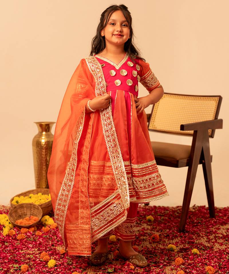 Rani pink embroidered organza anarkali set