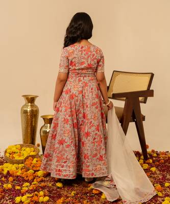 Grey coral printed cotton lehenga set 3