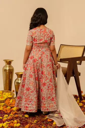 Grey coral printed cotton lehenga set