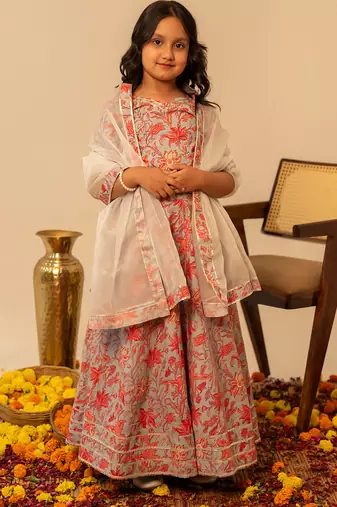 Grey coral printed cotton lehenga set