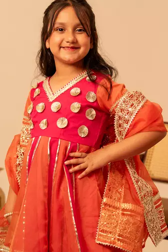 Rani pink embroidered organza anarkali set