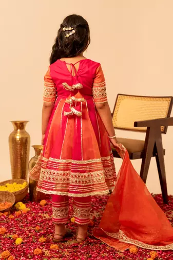 Rani pink embroidered organza anarkali set