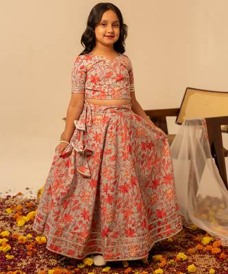 Grey coral printed cotton lehenga set 5