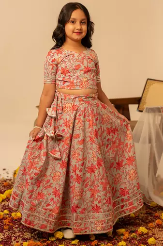 Grey coral printed cotton lehenga set