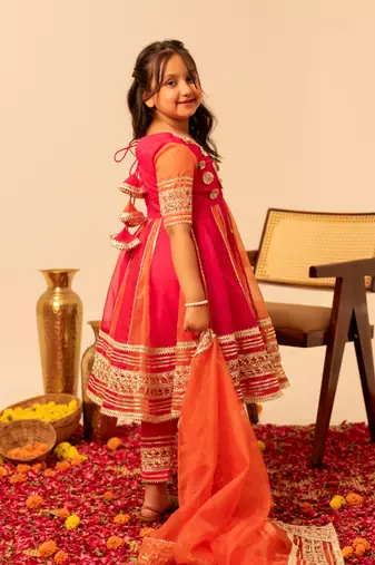 Rani pink embroidered organza anarkali set