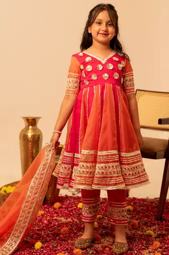Rani pink embroidered organza anarkali set