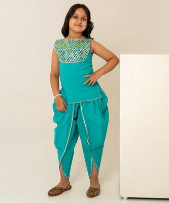 Turquoise blue embroidered cotton dhoti kurti set 1