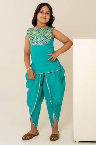 Turquoise blue embroidered cotton dhoti kurti set