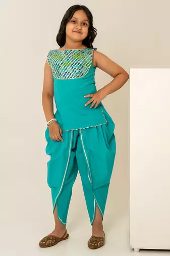 Turquoise blue embroidered cotton dhoti kurti set