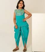 Turquoise blue embroidered cotton dhoti kurti set