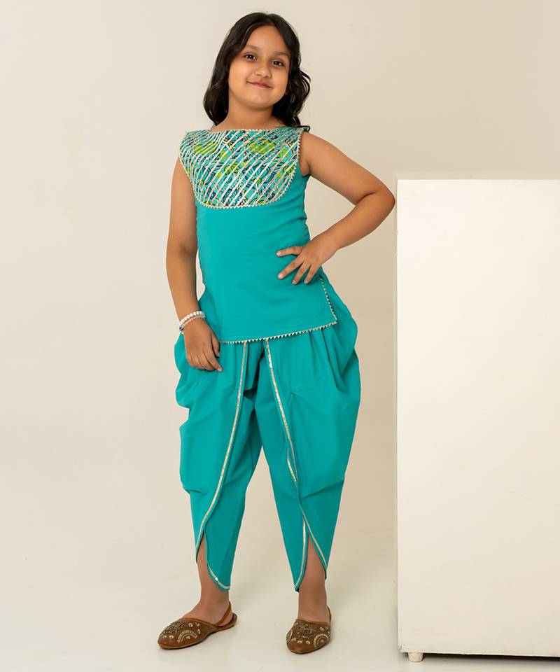 Turquoise blue embroidered cotton dhoti kurti set