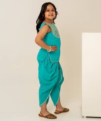 Turquoise blue embroidered cotton dhoti kurti set 2