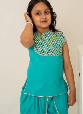 Turquoise blue embroidered cotton dhoti kurti set 3