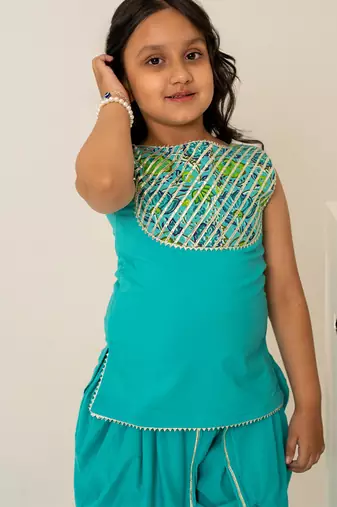 Turquoise blue embroidered cotton dhoti kurti set