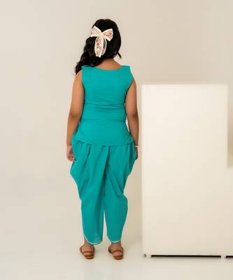 Turquoise blue embroidered cotton dhoti kurti set 4