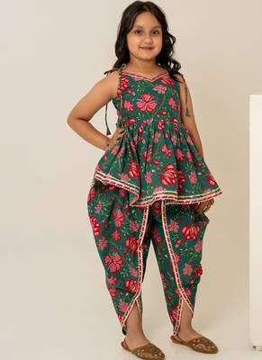 Teal green floral printed cotton dhoti kurti set 1